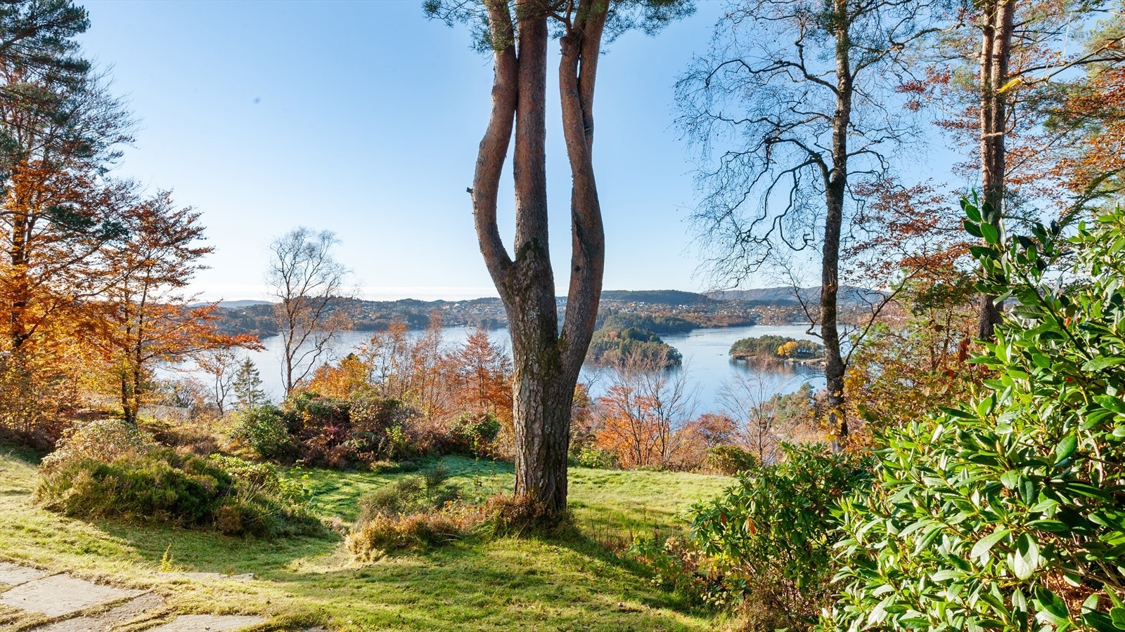 Hagen er pent opparbeidet - flat plen på eget platå foran huset Galleribilde