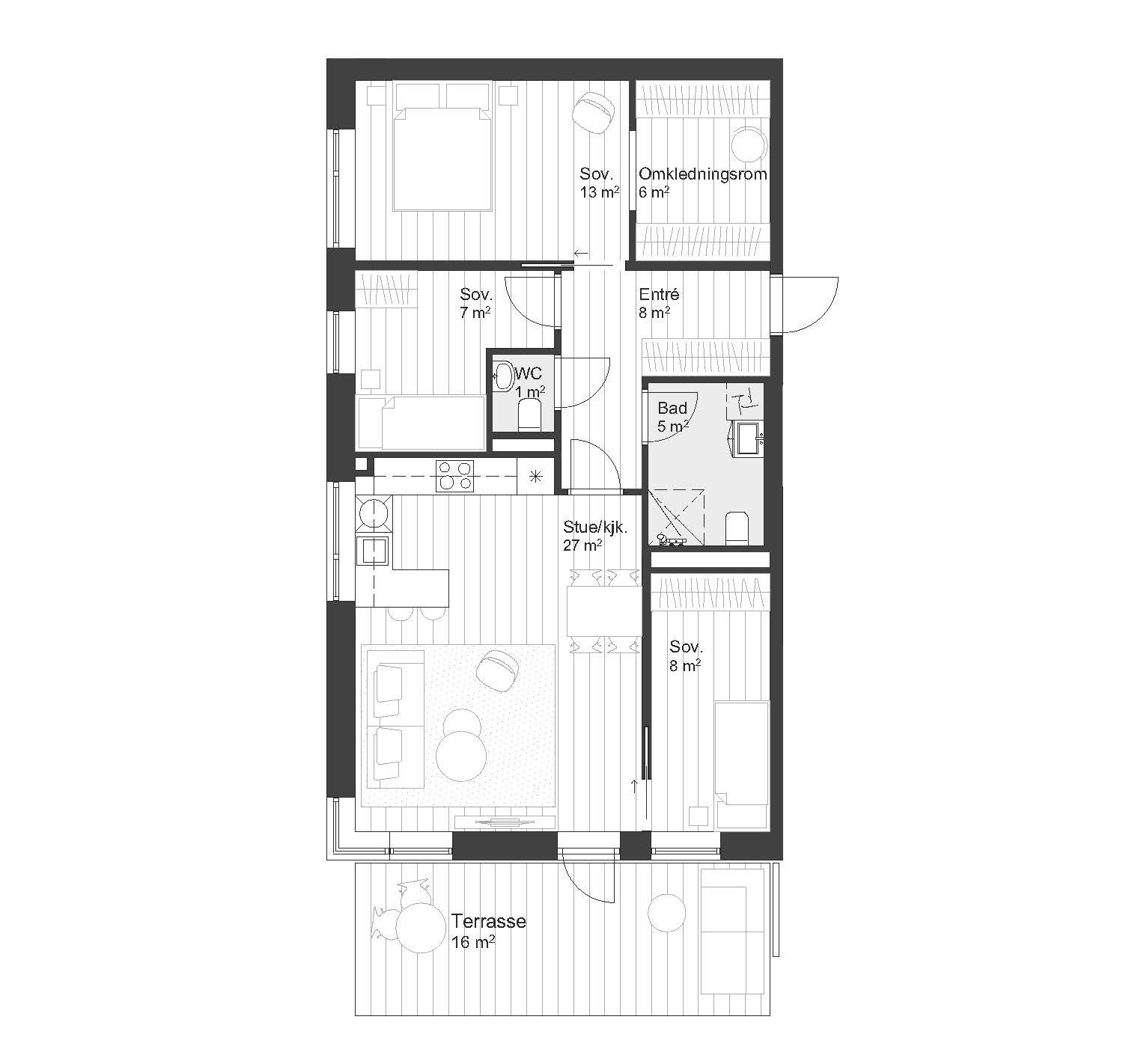 Plantegning fra utbygger - omkledningsrom er i dag gjort om til disponibelt rom med dør fra entré Galleribilde