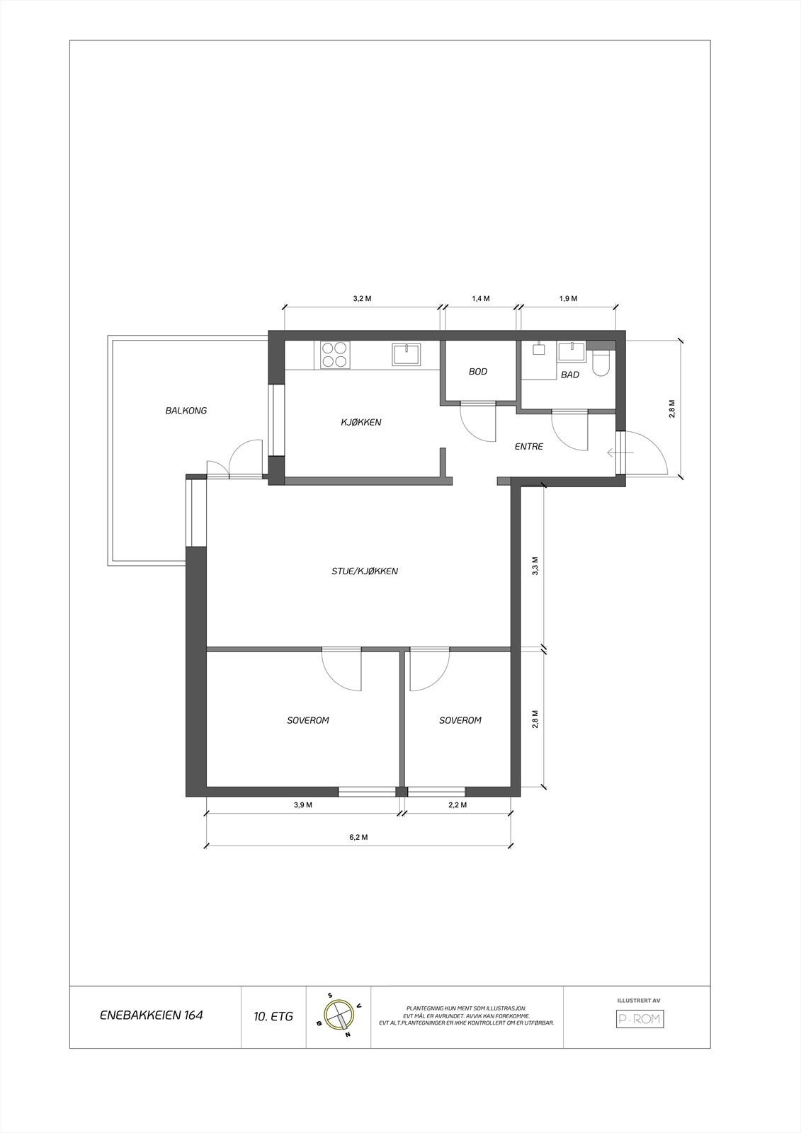 Flott og sosial plantegning som består av entré, bad, stue, separat kjøkken, 2 soverom, bod og stor balkong på hele 11,5 m² Galleribilde