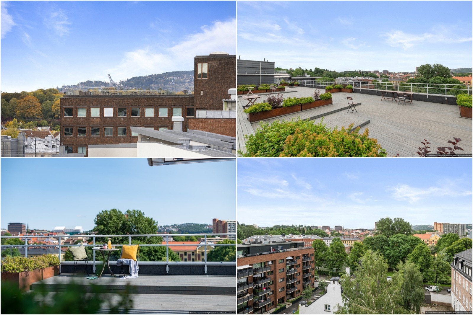 Felles takterrasse i samme bygg som er pent opparbeidet med sittegrupper, beplantning og fantastisk utsikt og solforhold. Galleribilde