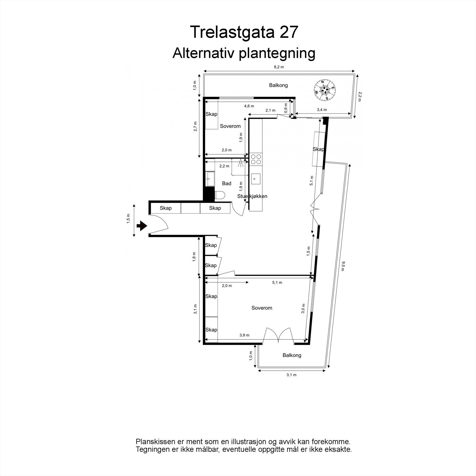 Alternativ planskisse - Gjør om leiligheten til 3-roms for større stue. Galleribilde