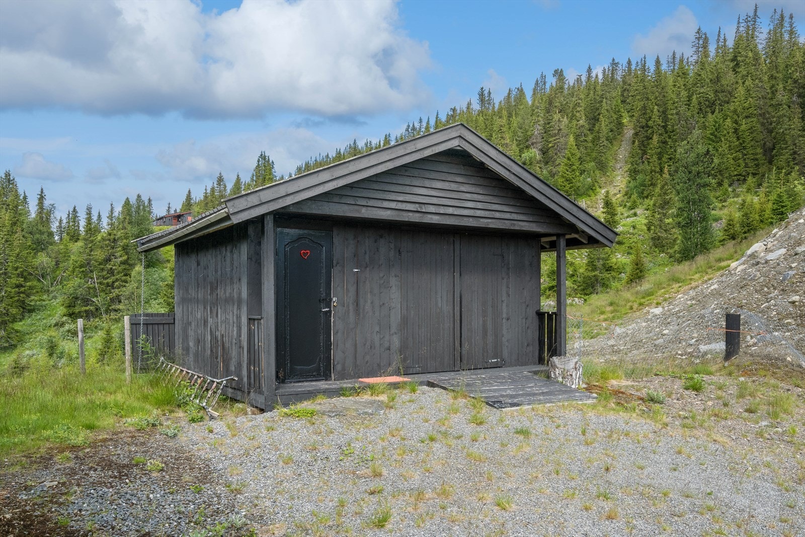 Uthus fra 2015 med ved/redskapsbod og utedo. Galleribilde