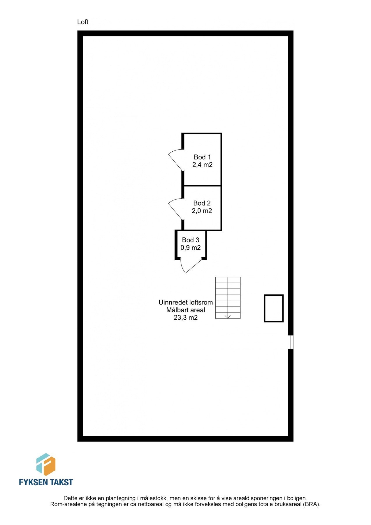 Loftsetasjen består av flere boder for oppbevaring, samt et uinnredet loftsrom. Galleribilde