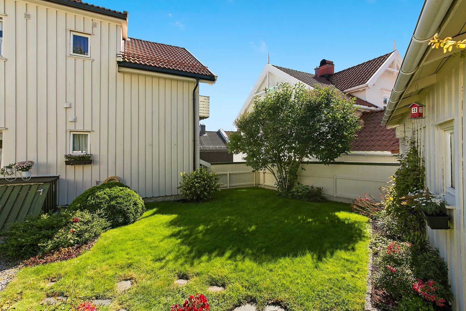 Sjarmerende hage med gressplen, blomster og trær. Galleribilde