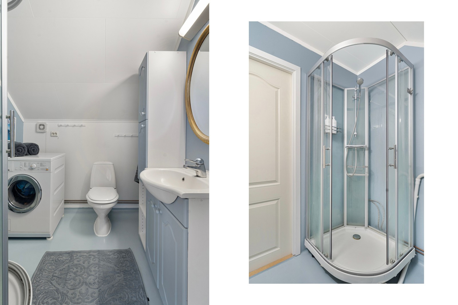 Bad med dusjkabinett, wc, opplegg for vaskemaskin og innredning med oppbevaringplass.