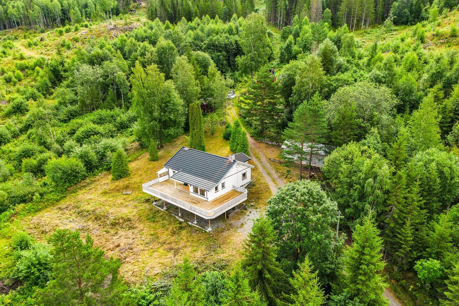Tomten er opparbeidet med plen, prydbusker og gruslagt gårdsplass. Galleribilde