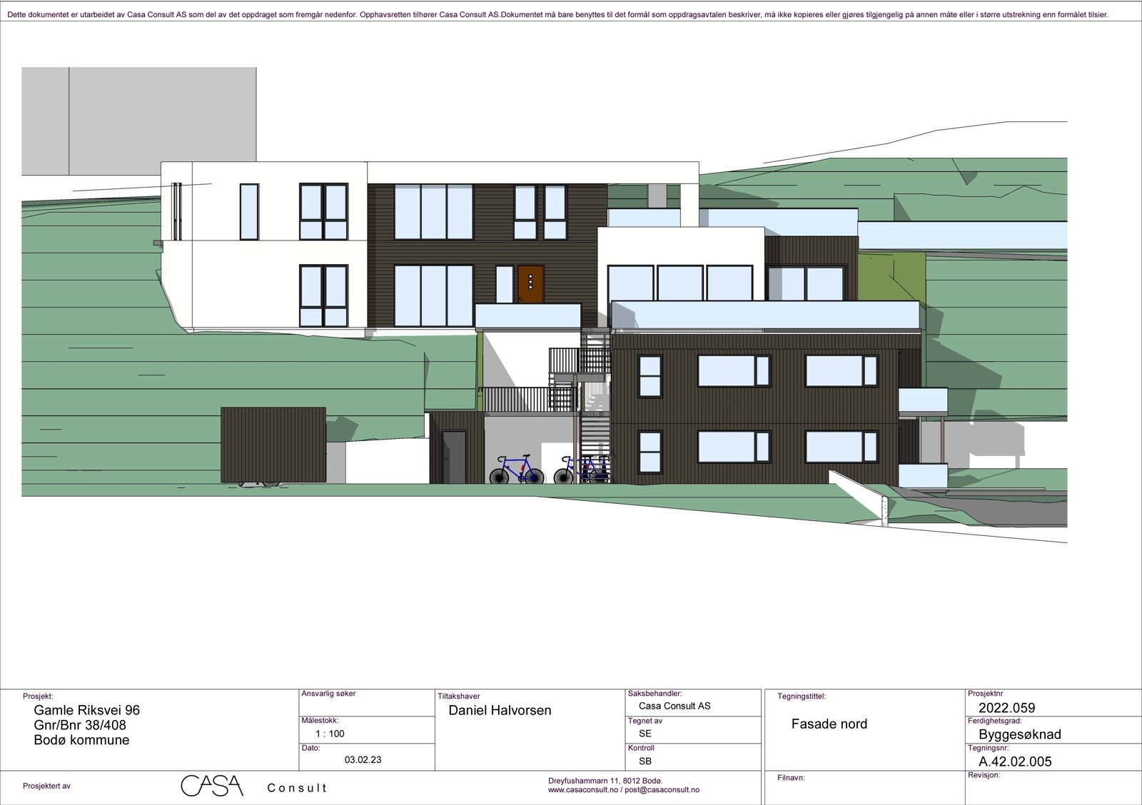Nordvendt fasade, godkjent enebolig og tomannsbolig Galleribilde