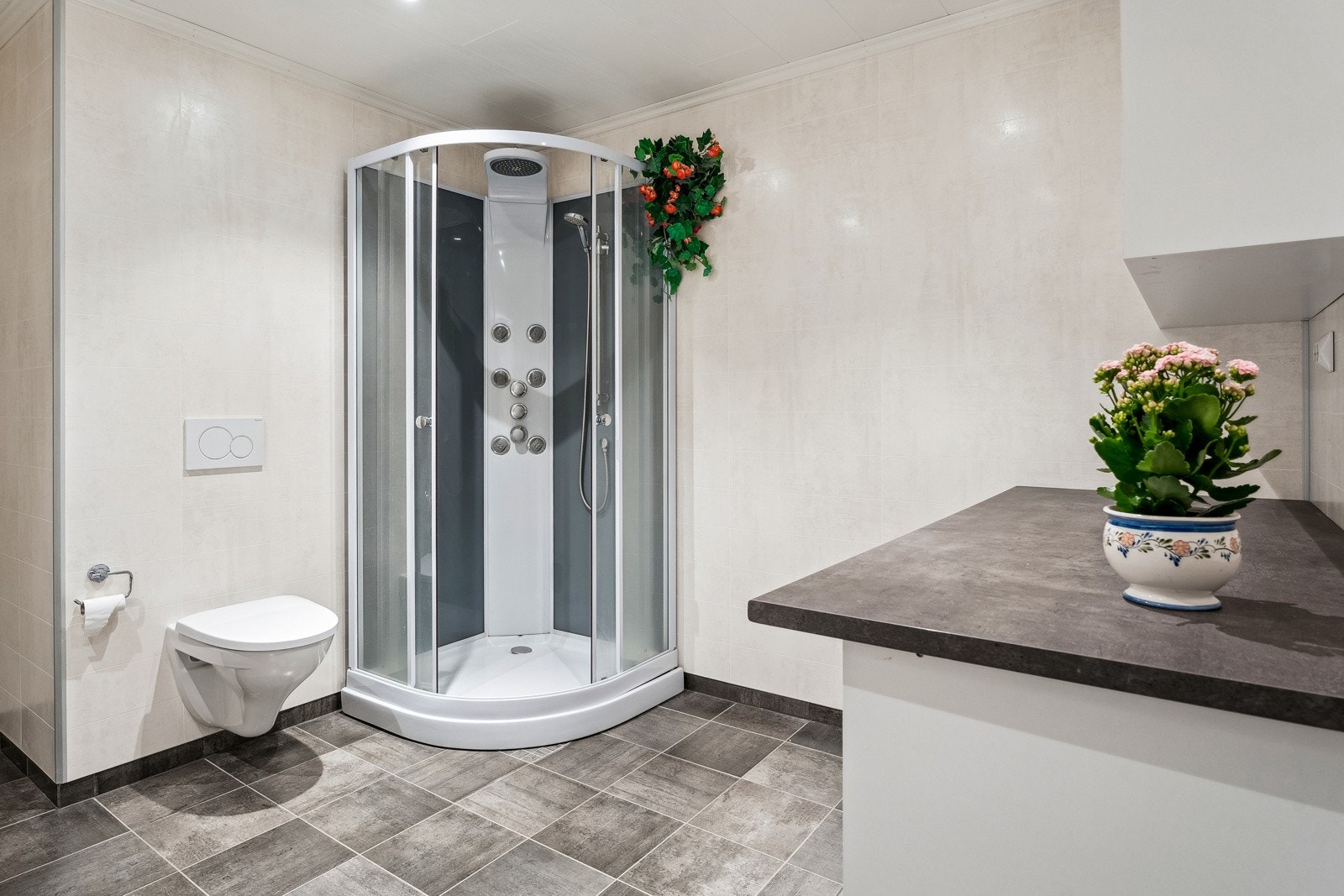 Badet er utstyrt med dusjkabinett, wc, og innreiing med plass for vaskemaskin og tørketrommel. Galleribilde