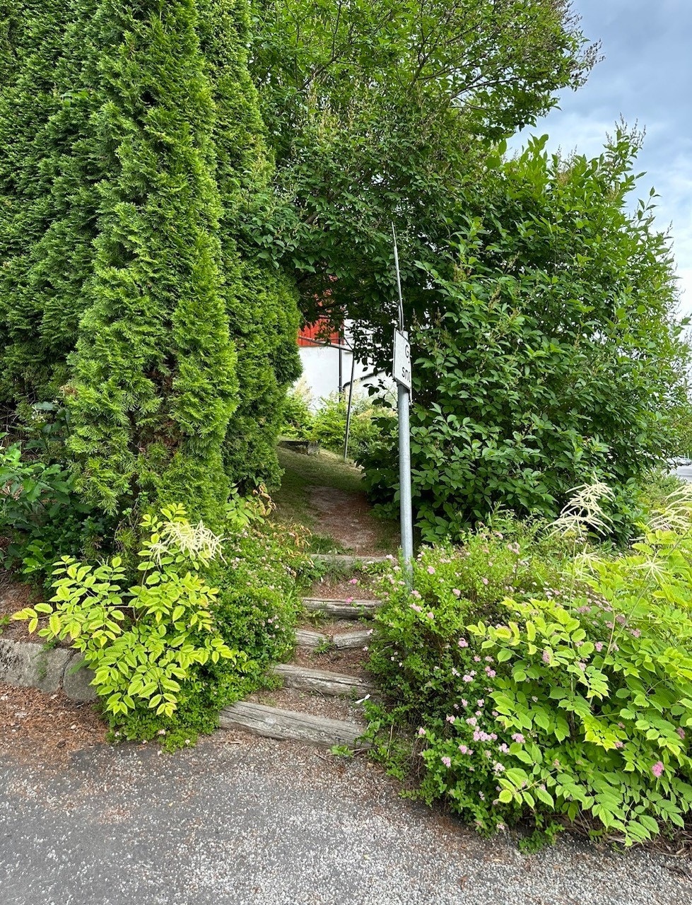 Sommer. Trapp ned til parkering, gang- og sykkelvei. Selgers egne bilder Galleribilde