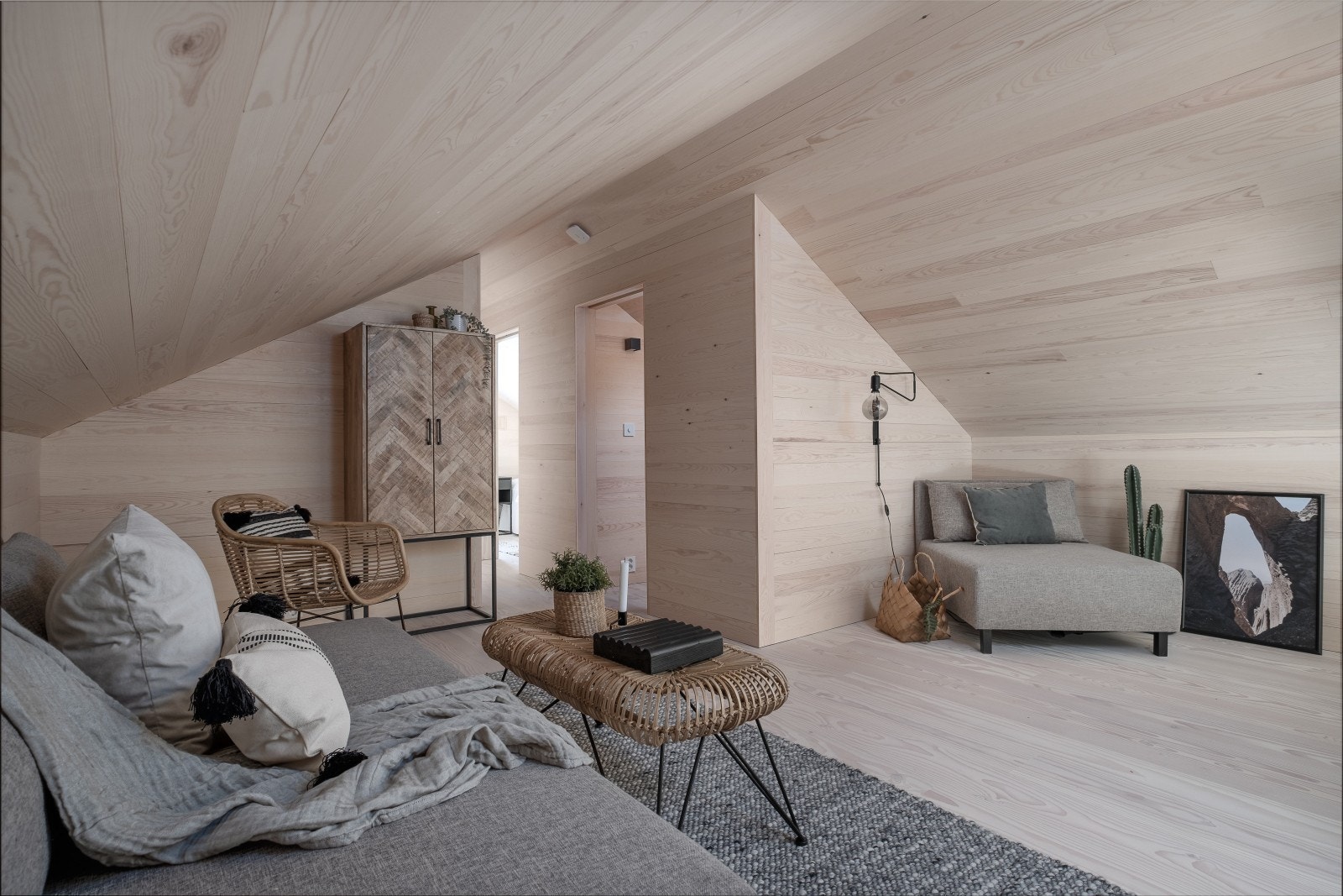 Stor loftstue med plass til TV. Lukker man skyvedør mellom stue og gang får man sin egen private sone her. Plass til sofa langs vegg - loft er 237cm på sitt høyeste under mønet Galleribilde