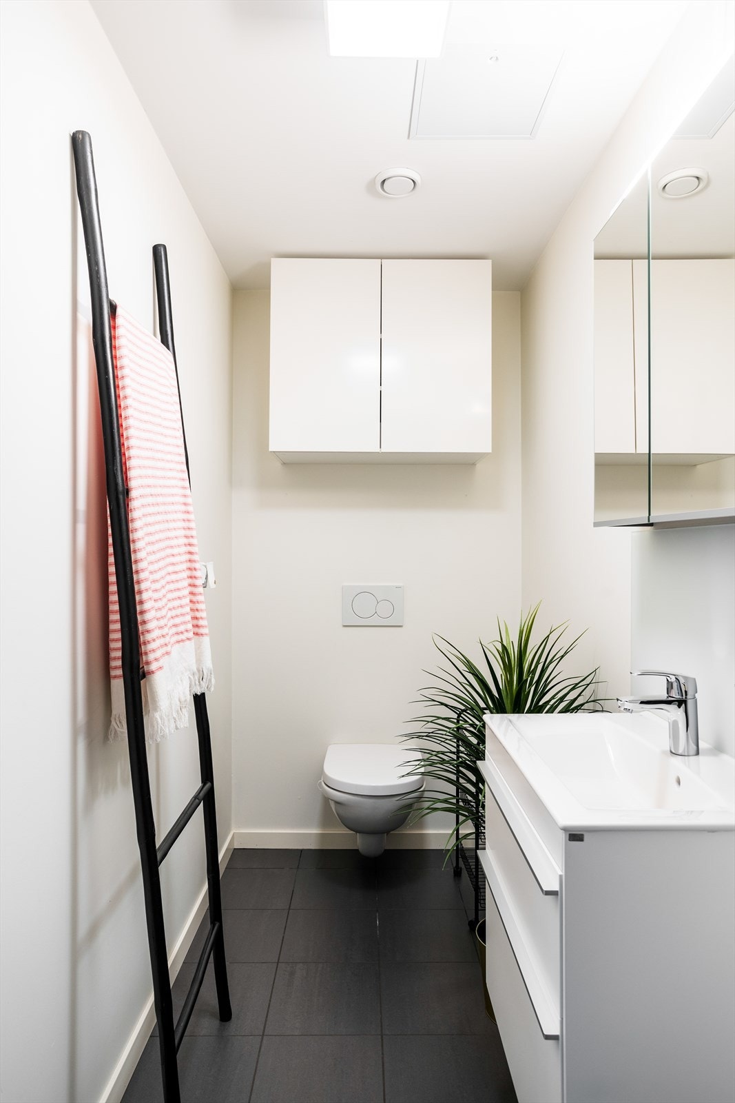 Separat WC med innredning bestående av benkeskap og veggskap med speil- og glatte fronter, speil og belysning over servant Galleribilde