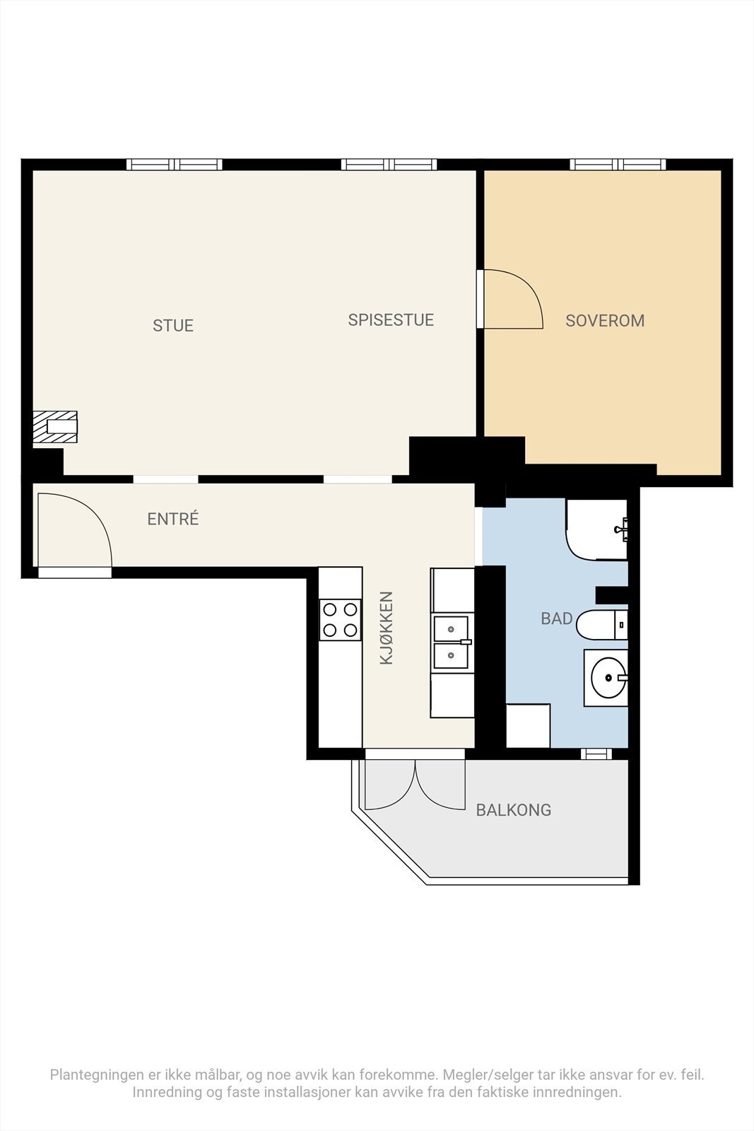 Plantegning. I tillegg disponerer leiligheten to lagringsboder i kjeller på 5,8 kvm og en bod på loft på ca. 4,4 kvm og gulvareal på 7 kvm. Galleribilde