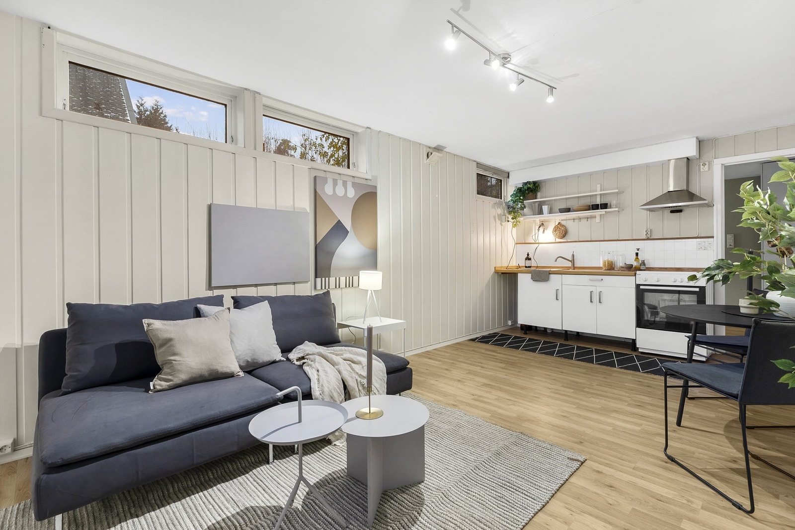 Stue med åpen kjøkkenløsning i hybel. Galleribilde