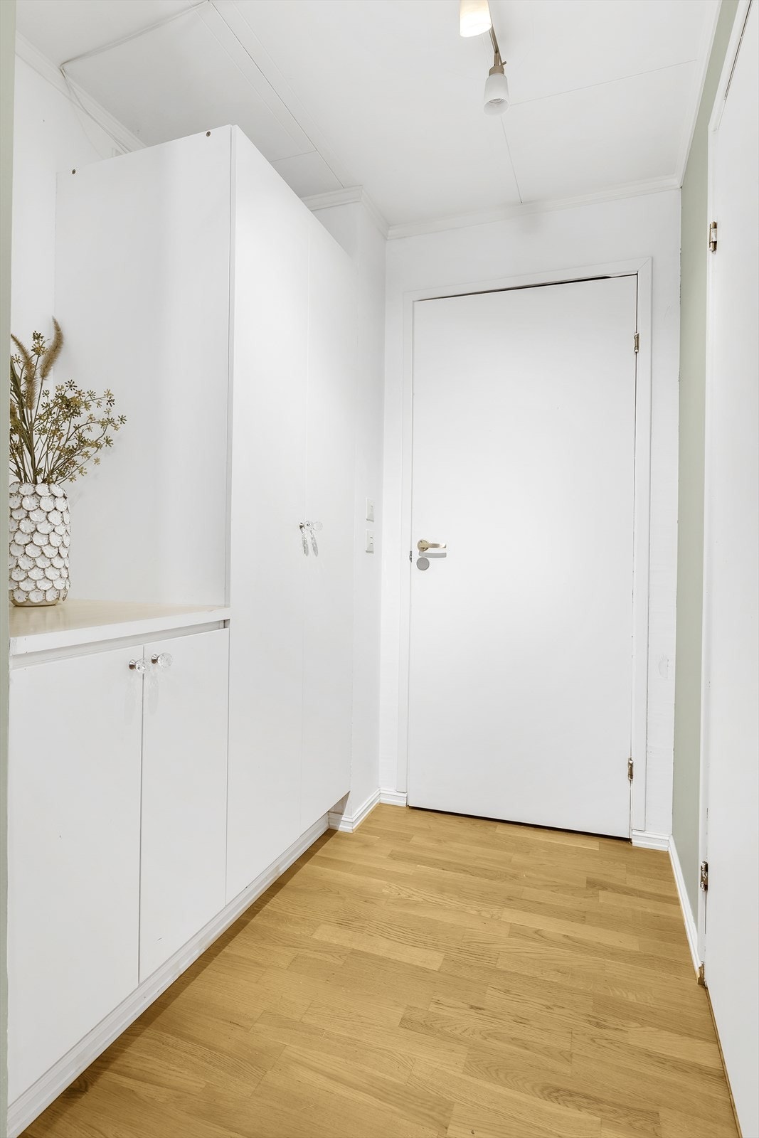 Garderobeløsning i gang. Inngang til vaskerom og WC. Fuktskade på parkett i entre. Galleribilde