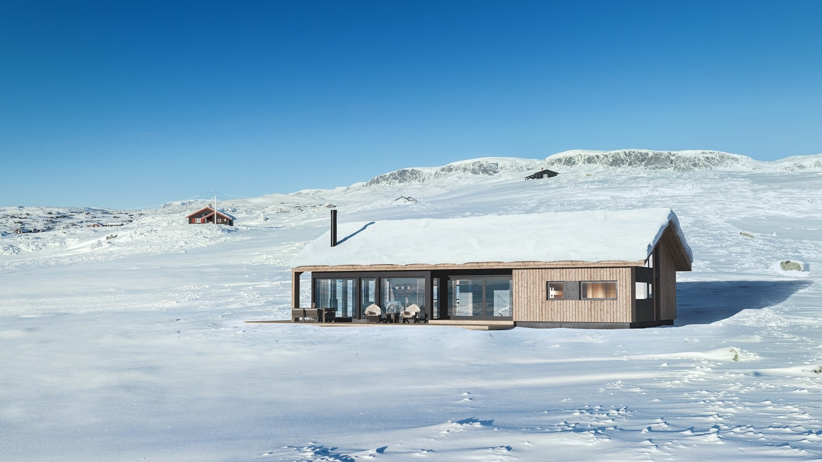 Illustrasjon - Det er gitt rammetillatelse til hytte tegnet av GeiloArk, og hytta kan event. oppføres av Øen Hyttebygg. Kjøper kan overta og videreføre denne prosessen om ønskelig Galleribilde