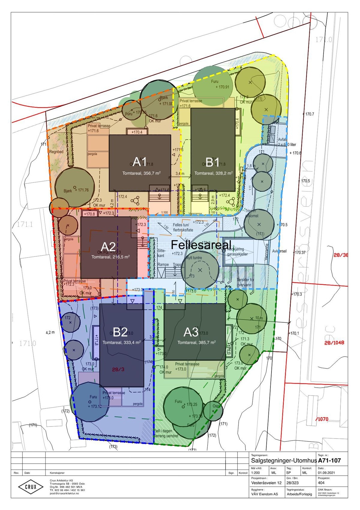 Vedtektsfestet fordeling areal, markert B1 i gul farge for denne boligen. Galleribilde