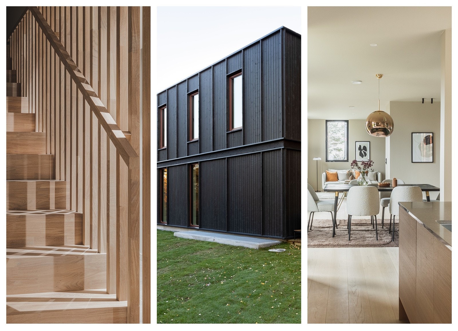 Eksklusiv snekkerbygget trapp i heltre eik, moderne fasade samt åpen planløsning med store vindusflater Galleribilde