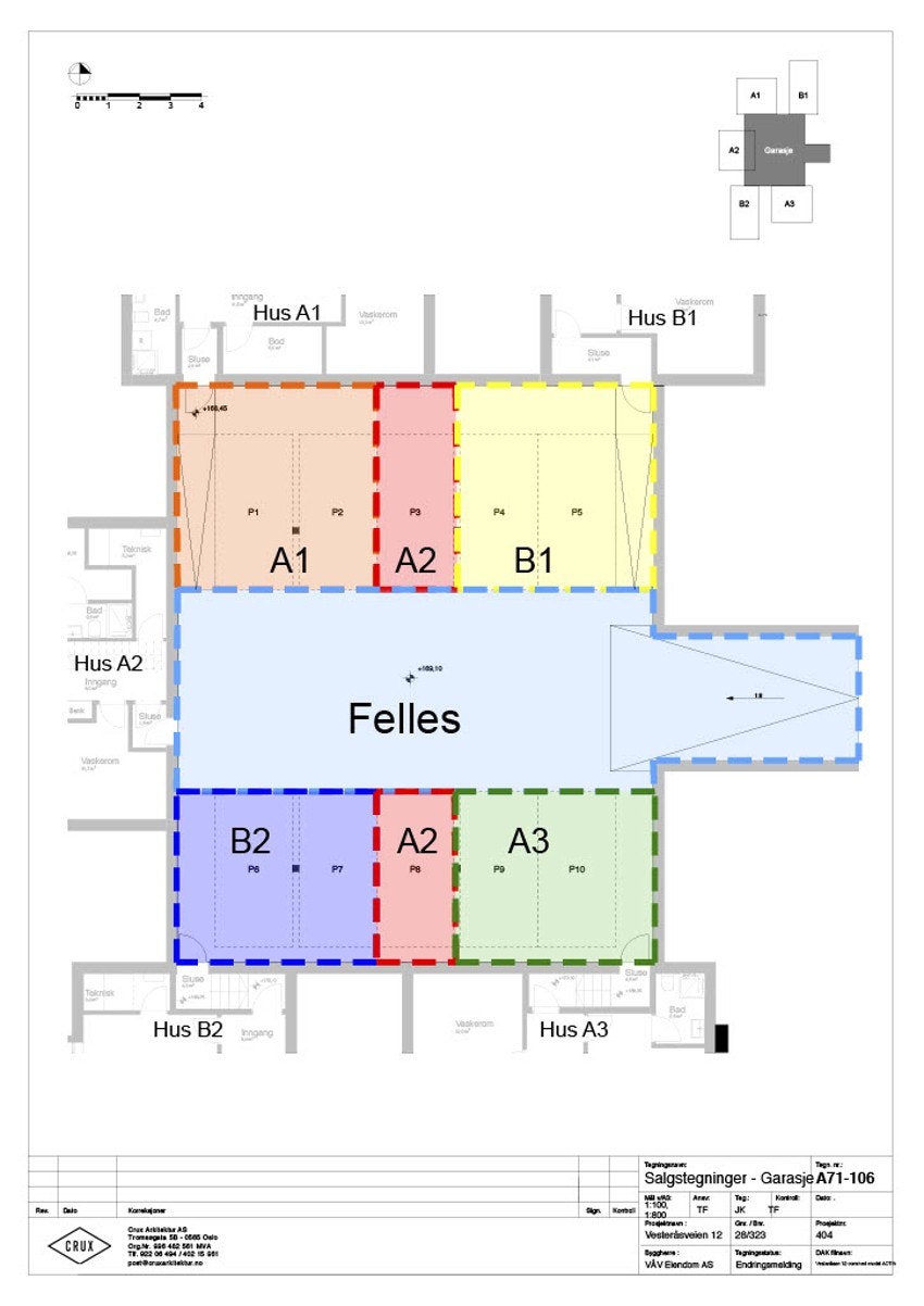 Felles garasjekjeller, plass P4 og P5 markert i gul farge. Galleribilde