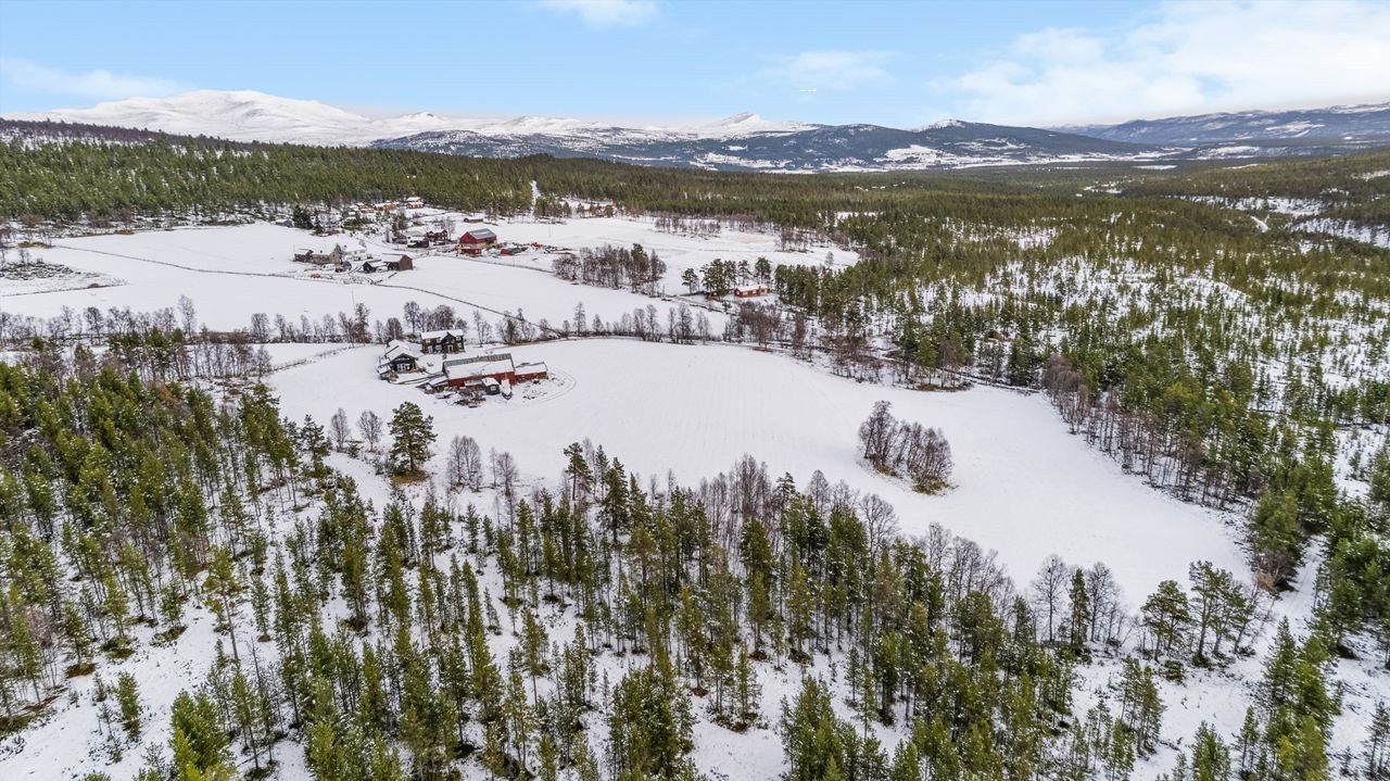 Dronebilde over eiendommen og bygda og fjellheimen Galleribilde
