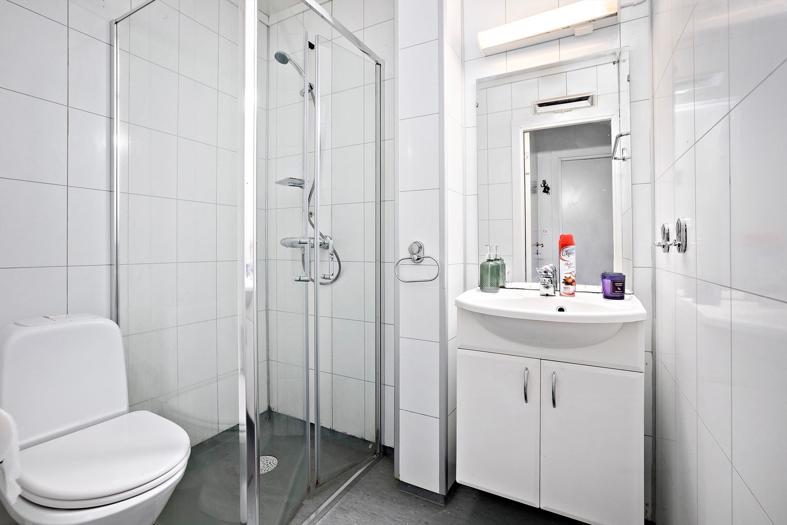 Badet er innredet med dusjnisje, toalett og servantinnredning med skap Galleribilde