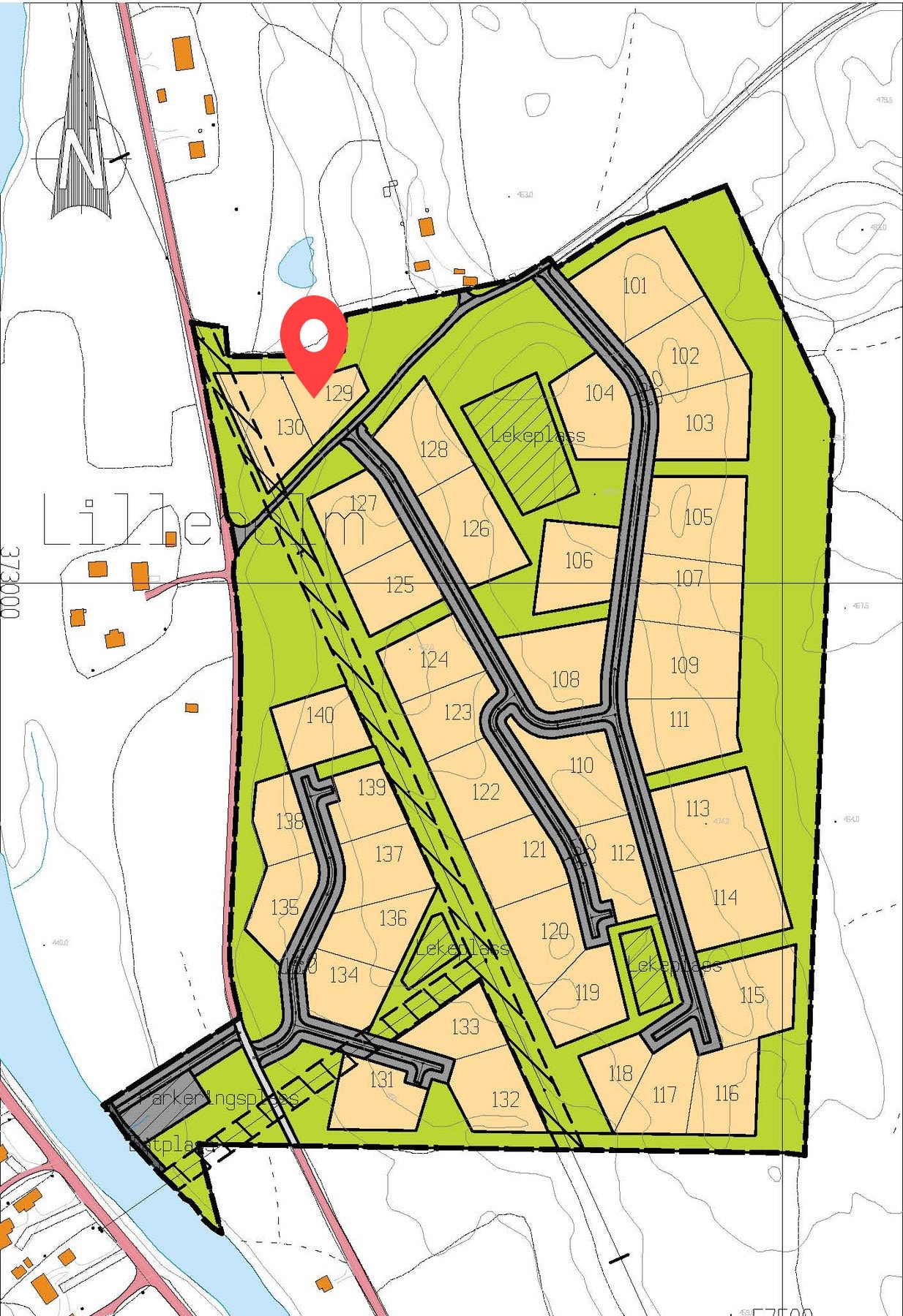 Tomtekart med tomt 129 markert Galleribilde