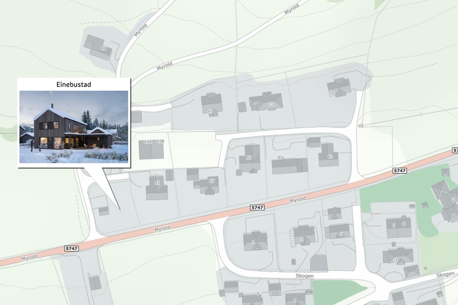 Tomta er plassert i hjørnet av feltet. Her kan du byggje einebustad eller tomannsbustad Galleribilde