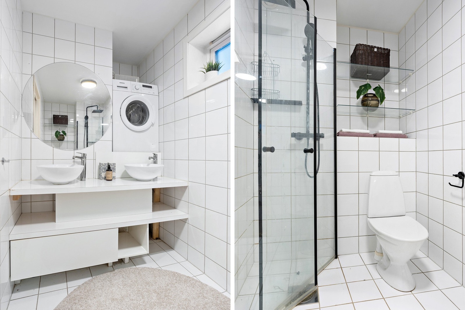 Badet er utstyrt med innfellbare glassdører som gir bedre plass. Badet er flislagt og har varmekabler i gulv. Galleribilde