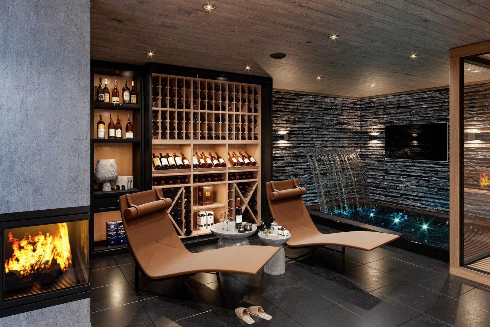 I SPA anlegget kan du nyte ett bad, varme i peisen, badstu og en vinkjeller, mens sporten går på tvèn mens lyden kommer ut av Sonos anlegget. Galleribilde