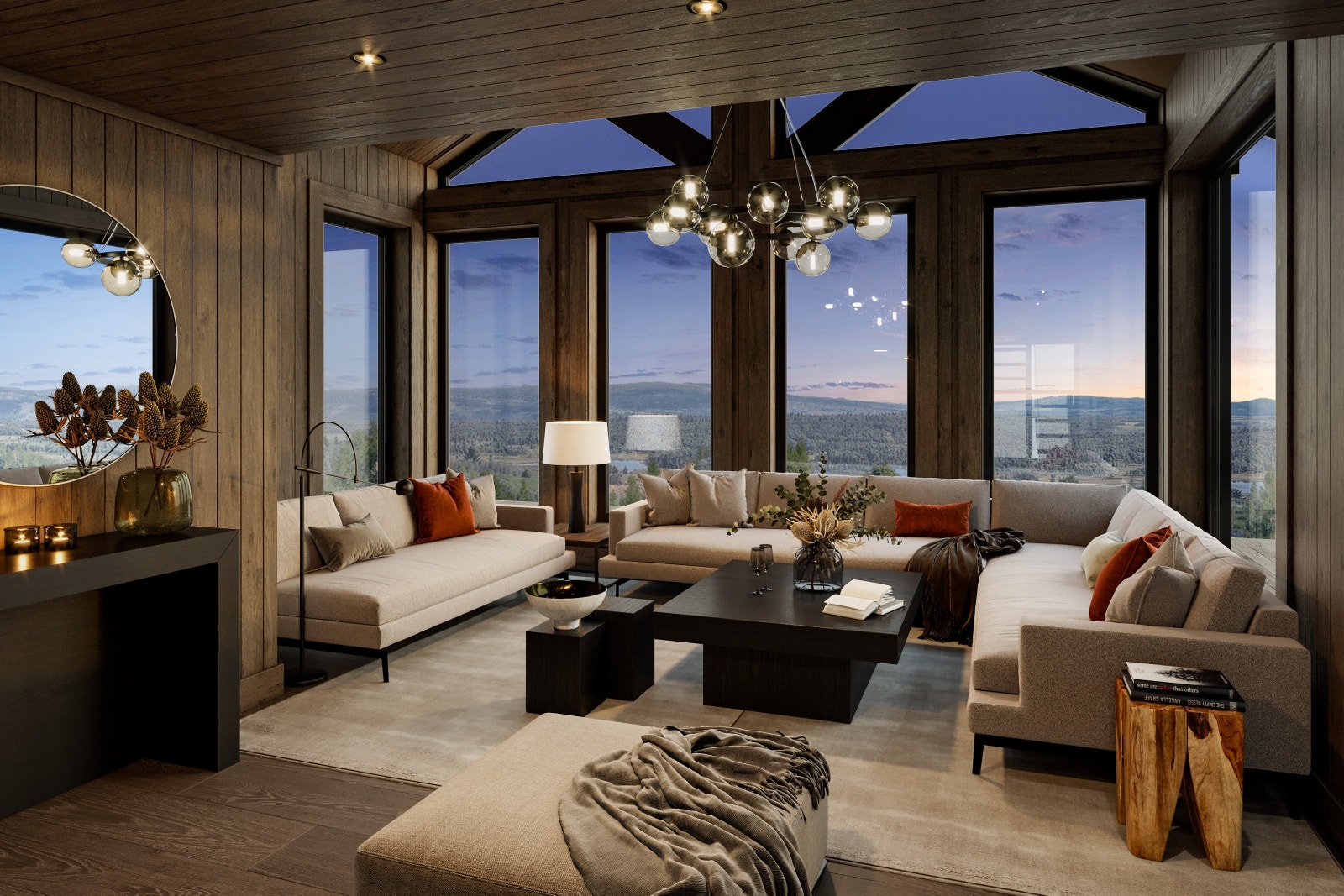 Stor stue med sofa som rommer mange aktive. Store vindusflater gjør at lys og utsikt tilgjengelig for en hver. Galleribilde