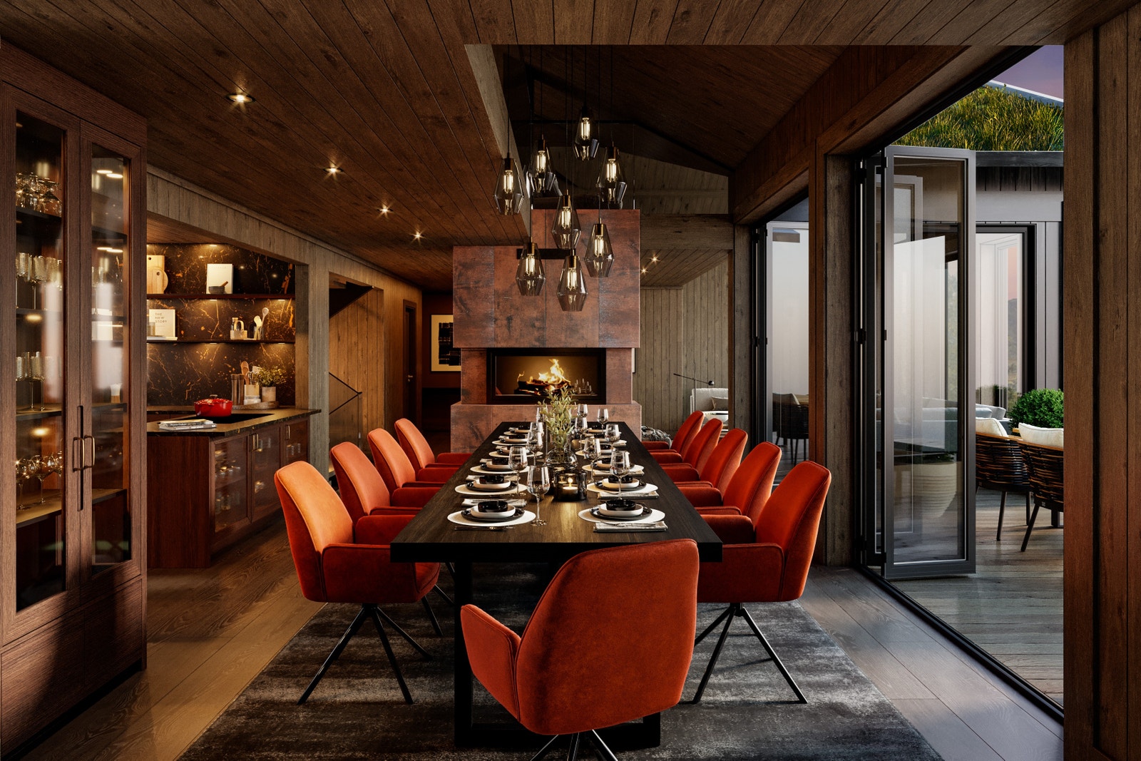 Det vil være rikelig med plass rundt spisebordet. Du kan åpne vinduene ut til verandaen og få naturen inn i selskapet. Galleribilde