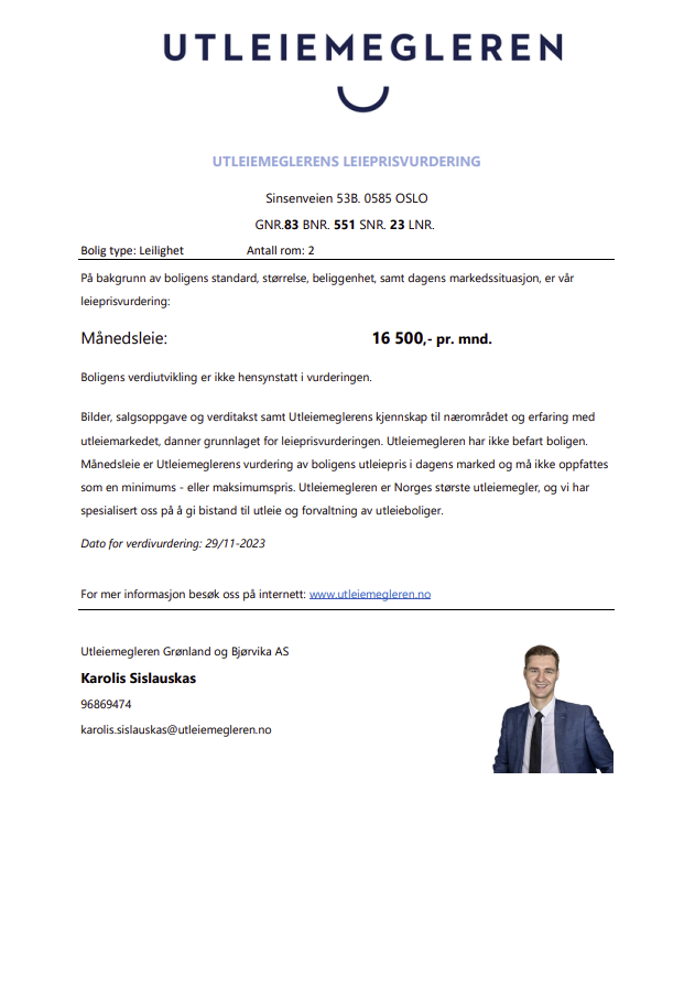 Estimat av leieinntekter ved utleie av leiligheten Galleribilde