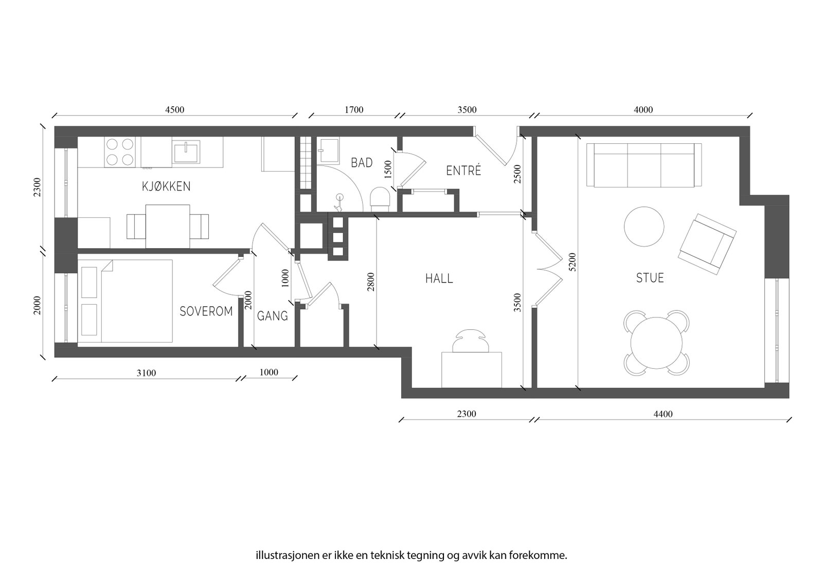 Plantegning. Kjøkkenet er gjort om til soverom 2 og i hallen er det installert et moderne kjøkken. Galleribilde