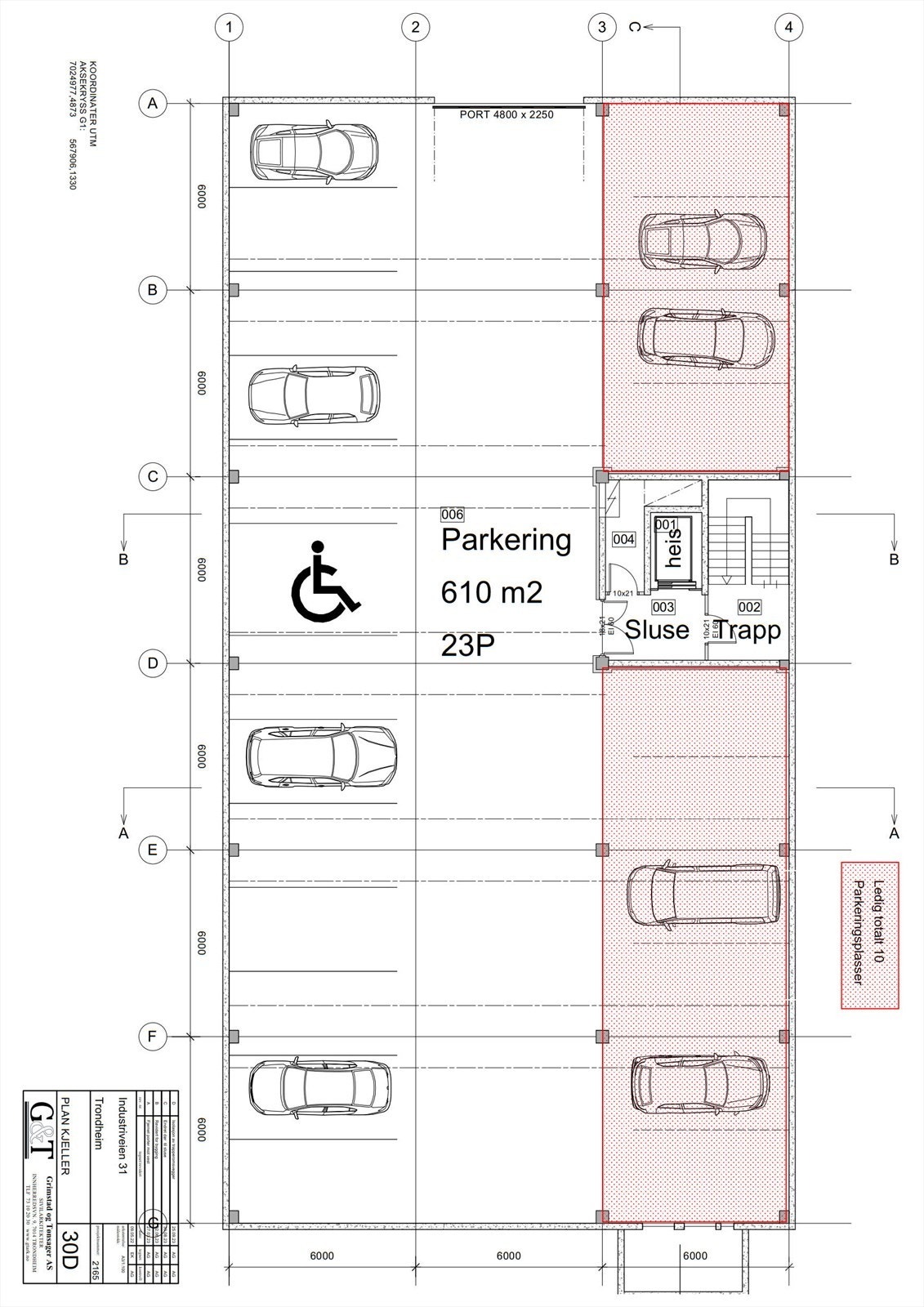 Parkering kjeller. Ledig markert med rødt. Galleribilde