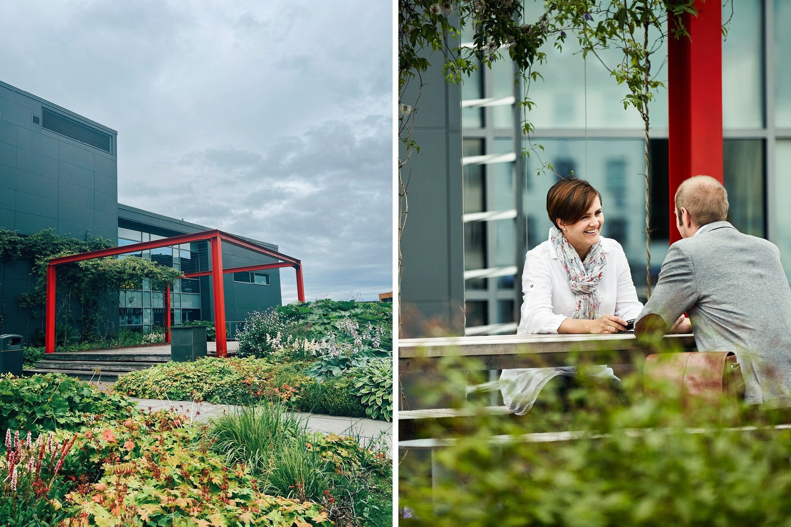 Lunsj eller kaffepause kan nytes på byggets takterrasse på varmere dager Galleribilde