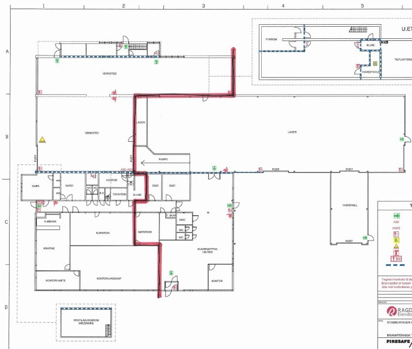 Plantegning - streken skiller delen til Ramirent og de ledige lokaler Galleribilde