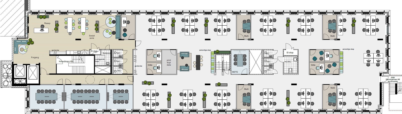 Mulighetsstudie 6. etasje - 4 møterom, 11 stillerom/multirom, 1 støtterom og 56 arbeidsplasser Galleribilde