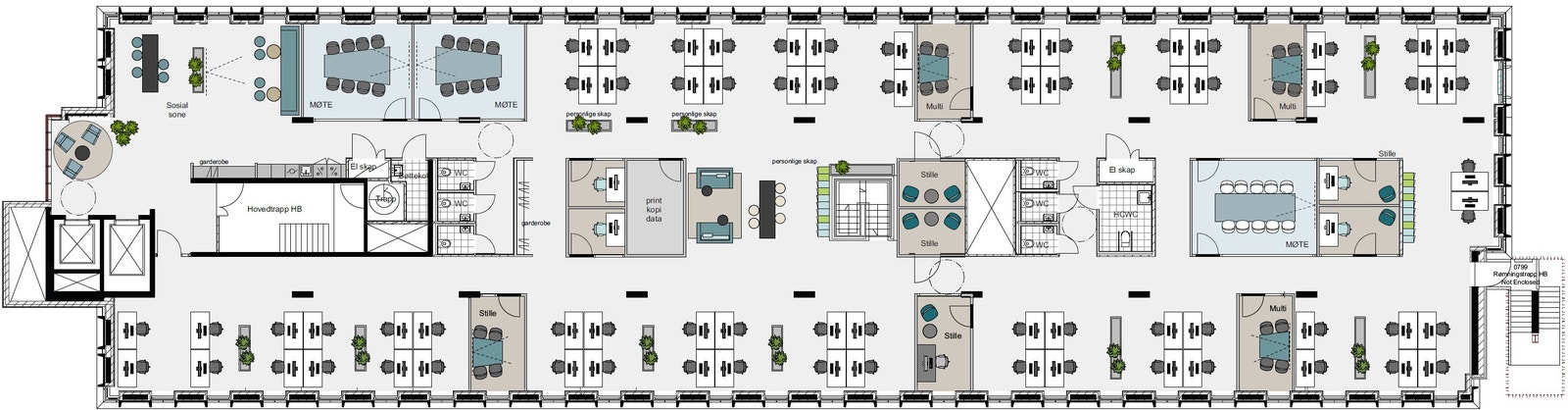Mulighetsstudie 7. etasje - 3 møterom, 11 stillerom/multirom, 1 støtterom og 68 arbeidsplasser Galleribilde