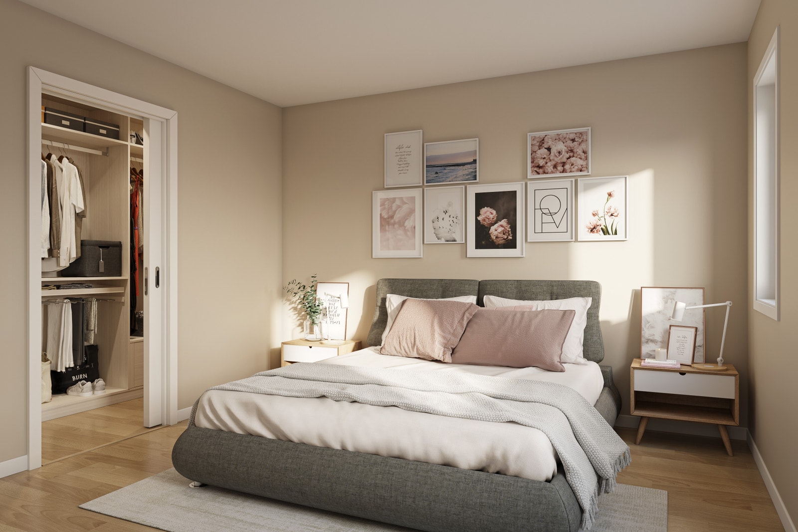 Illustrasjon: soverom med garderoberom - fra hus 1 (innredningen kan leveres som tilvalg) Galleribilde