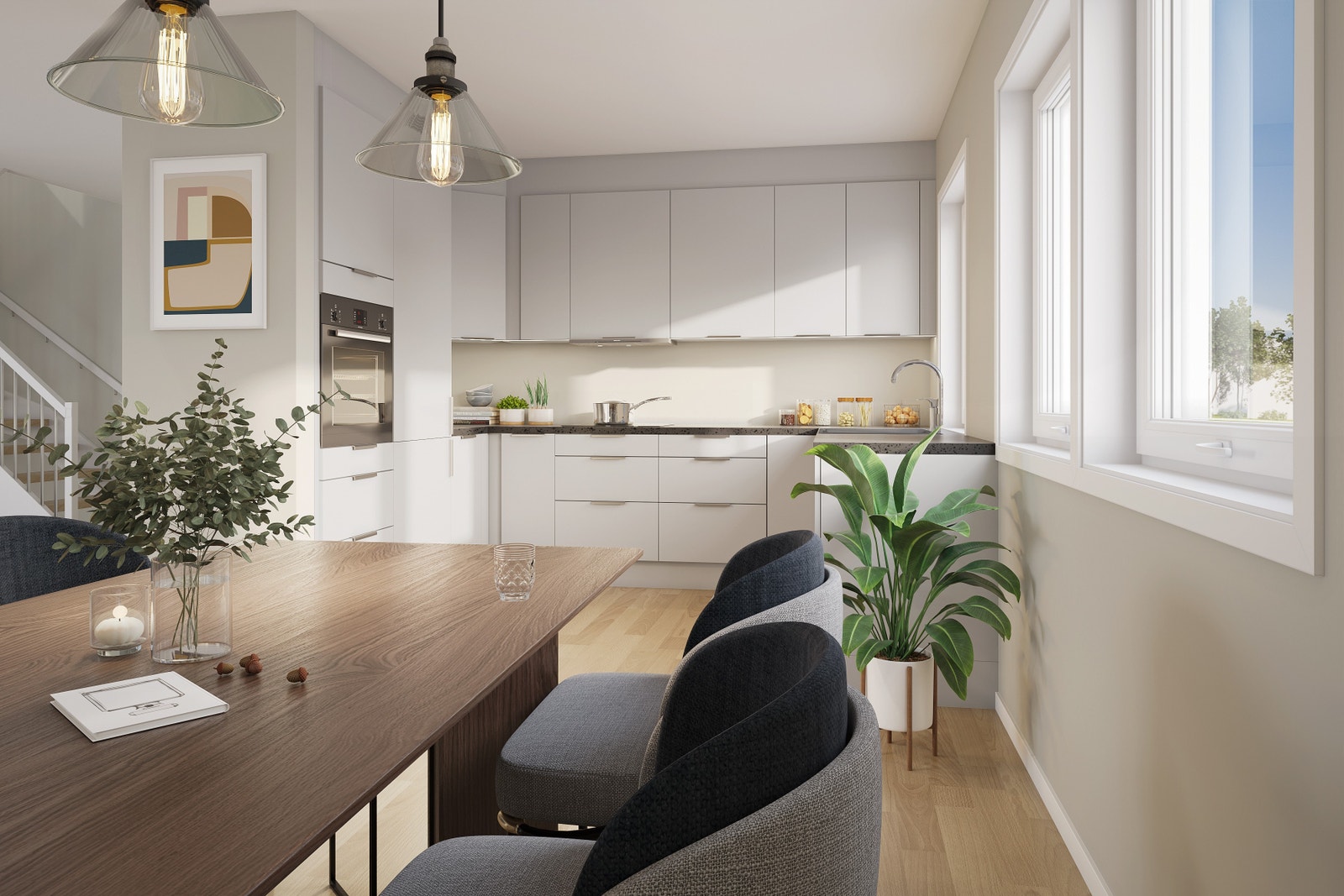 Illustrasjon: delvis åpen stue/ kjøkken - fra hus 4 Galleribilde