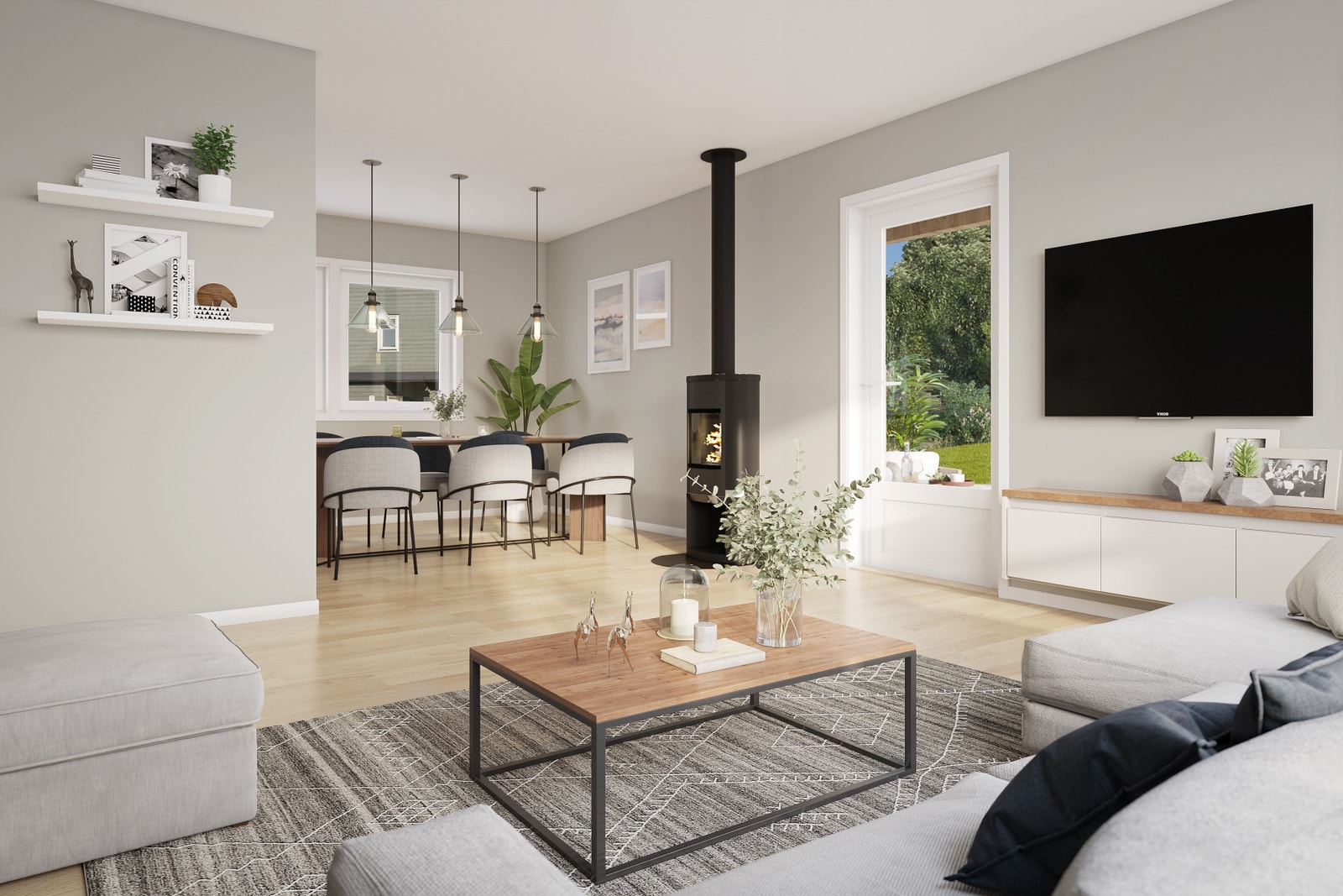 Illustrasjon: ca. 41 m2 stue/ kjøkken - fra hus 4 Galleribilde