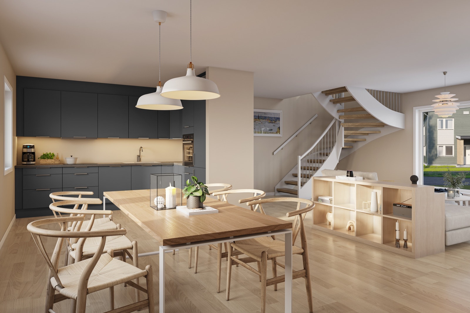 Illustrasjon: åpen stue/kjøkken på ca. 49 m2 - fra hus 1 Galleribilde