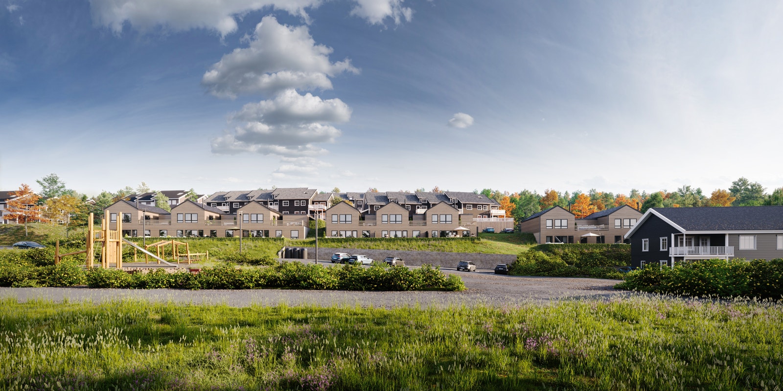 Boligene ligger fint til på solsiden Hakadal i Nittedal. Hellerudhaugen er et nytt boligområde med nærhet til både natur og by. Galleribilde