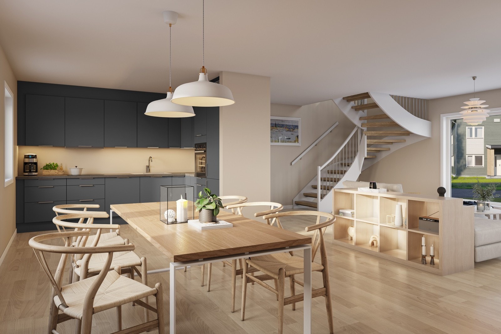 Illustrasjon: Delvis åpen stue/ kjøkken på ca. 49 m2 (velg mellom 3 farger på innredningen) Galleribilde