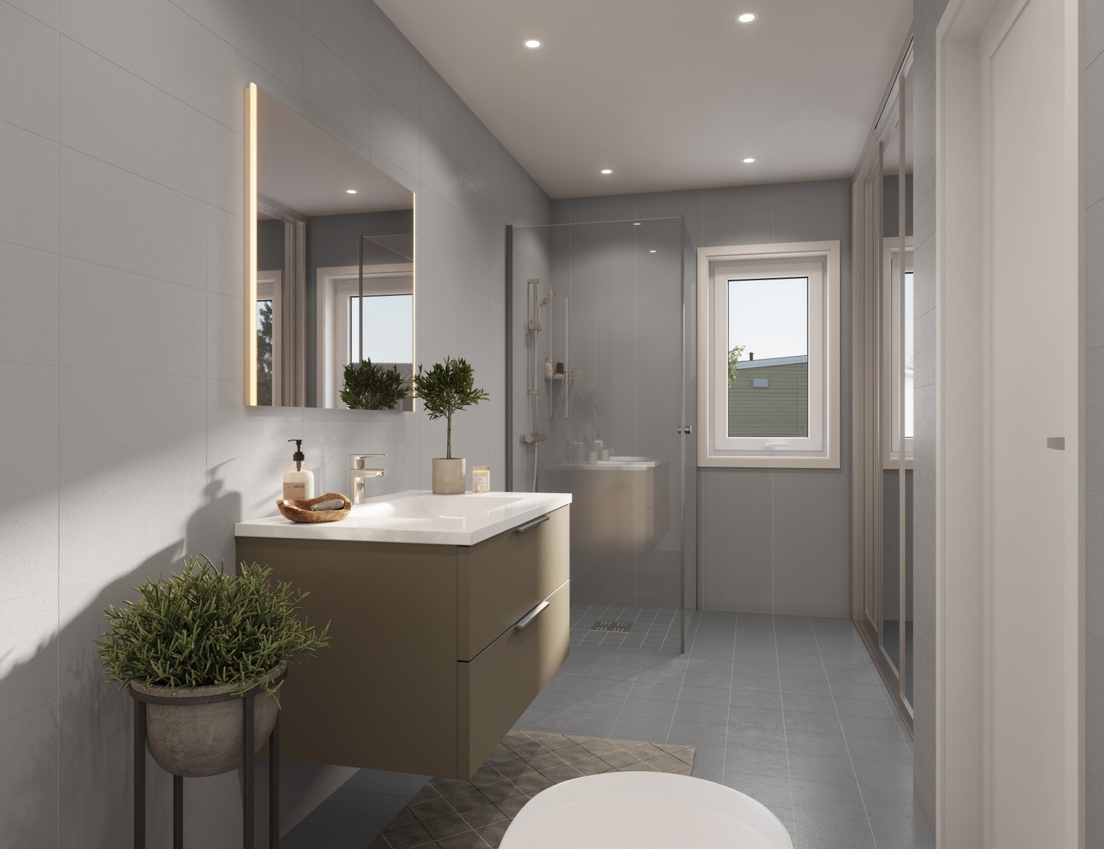 Illustrasjon: Bad i 2 etasje med skyvedører i speil - her skjuler du vaskemaskinen Galleribilde