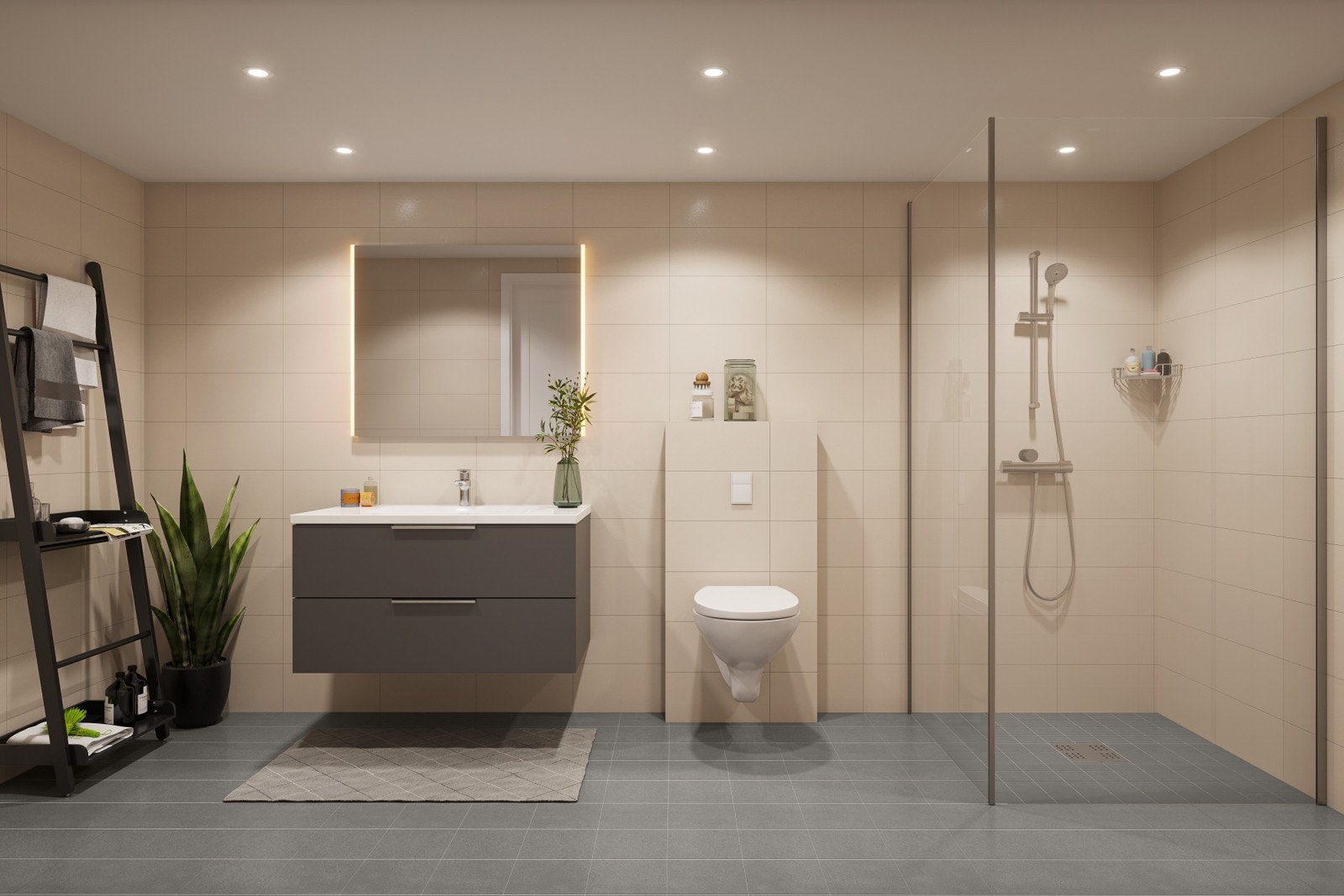 Illustrasjon: Bad i 1 etasje - velg mellom ulike farger på innredning og fliser Galleribilde