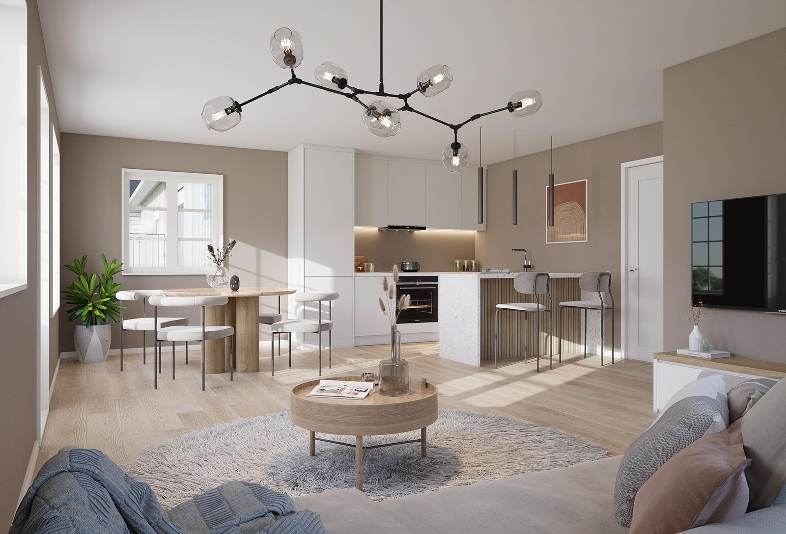 Innvendig kan du sette ditt preg på boligen om du kjøper i en tidlig fase. Men boligene leveres med moderne og tidløse materialer og fargevalg, samt enstavs eikeparkett. Galleribilde