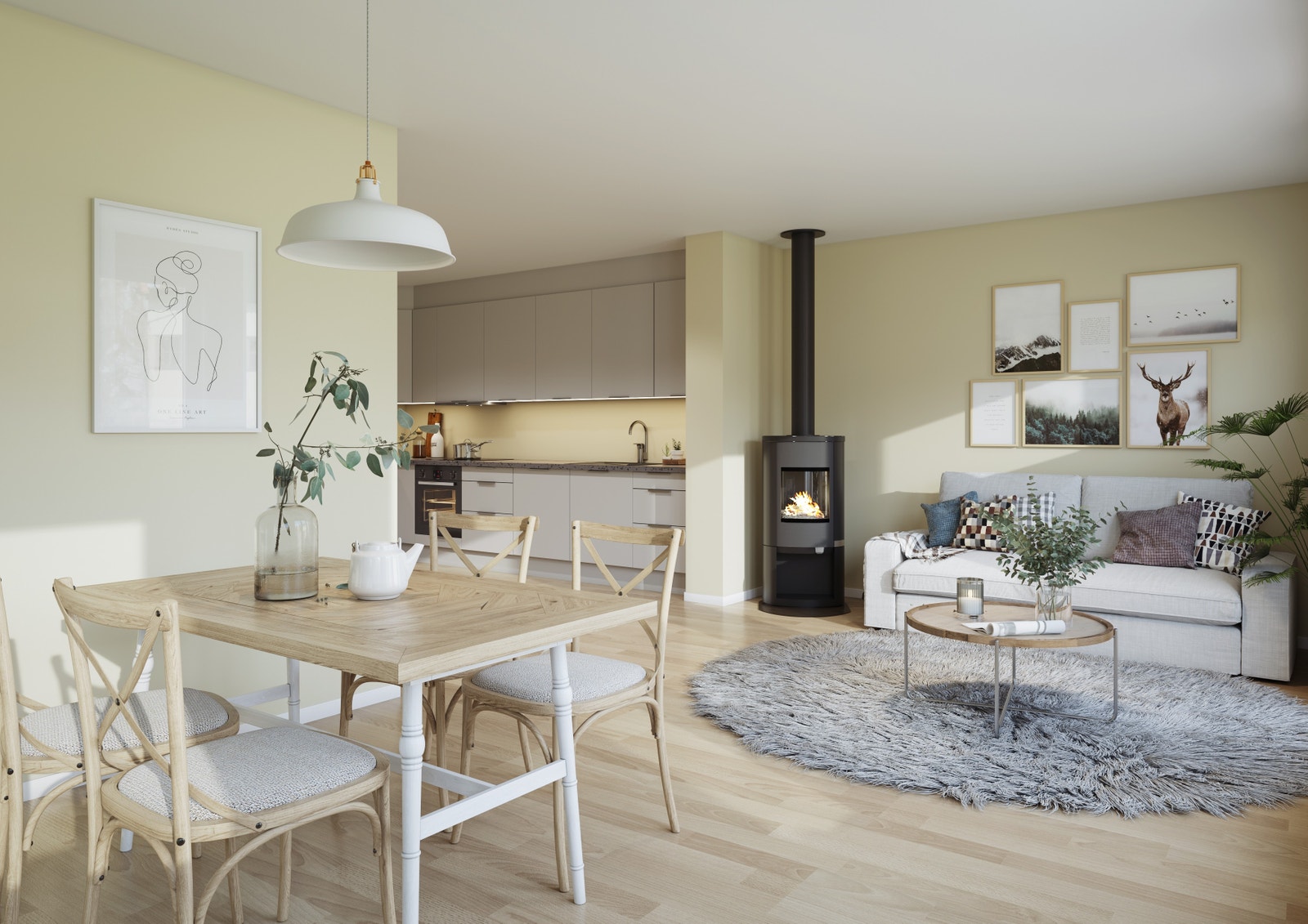 Illustrasjon: Delvis åpen stue/kjøkken - nr. 18 og 19 (hus 1) og nr. 21 og 22 (hus 2) er like - peis er ikke standard, men kan velges som tilvalg. Galleribilde