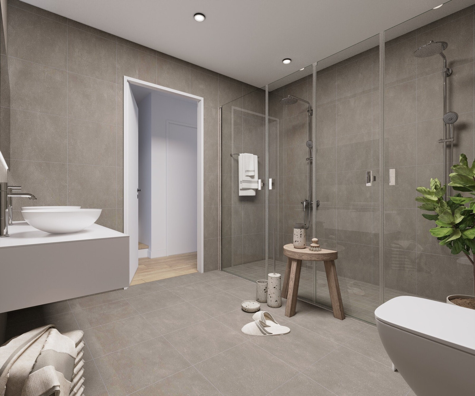 Delikat og flislagt baderom med bl.a. dobbeldusj og dobbelservant! Illustrasjon, avvik vil forekomme. Galleribilde