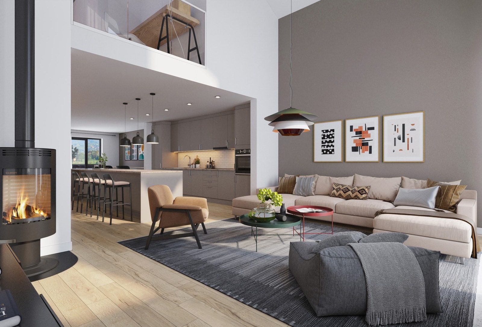 Boligene vil holde en flott og moderne standard. Stue i 2.etg vil ha åpen himling mot loftsetasje, som vil gi en god og romslig romfølelse. Illustrasjon, avvik vil forekomme. Galleribilde