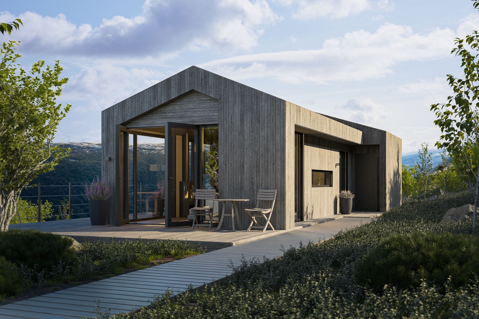 Sommer i fjellet, plankesti med infrastruktur isolert i kasse under. Galleribilde